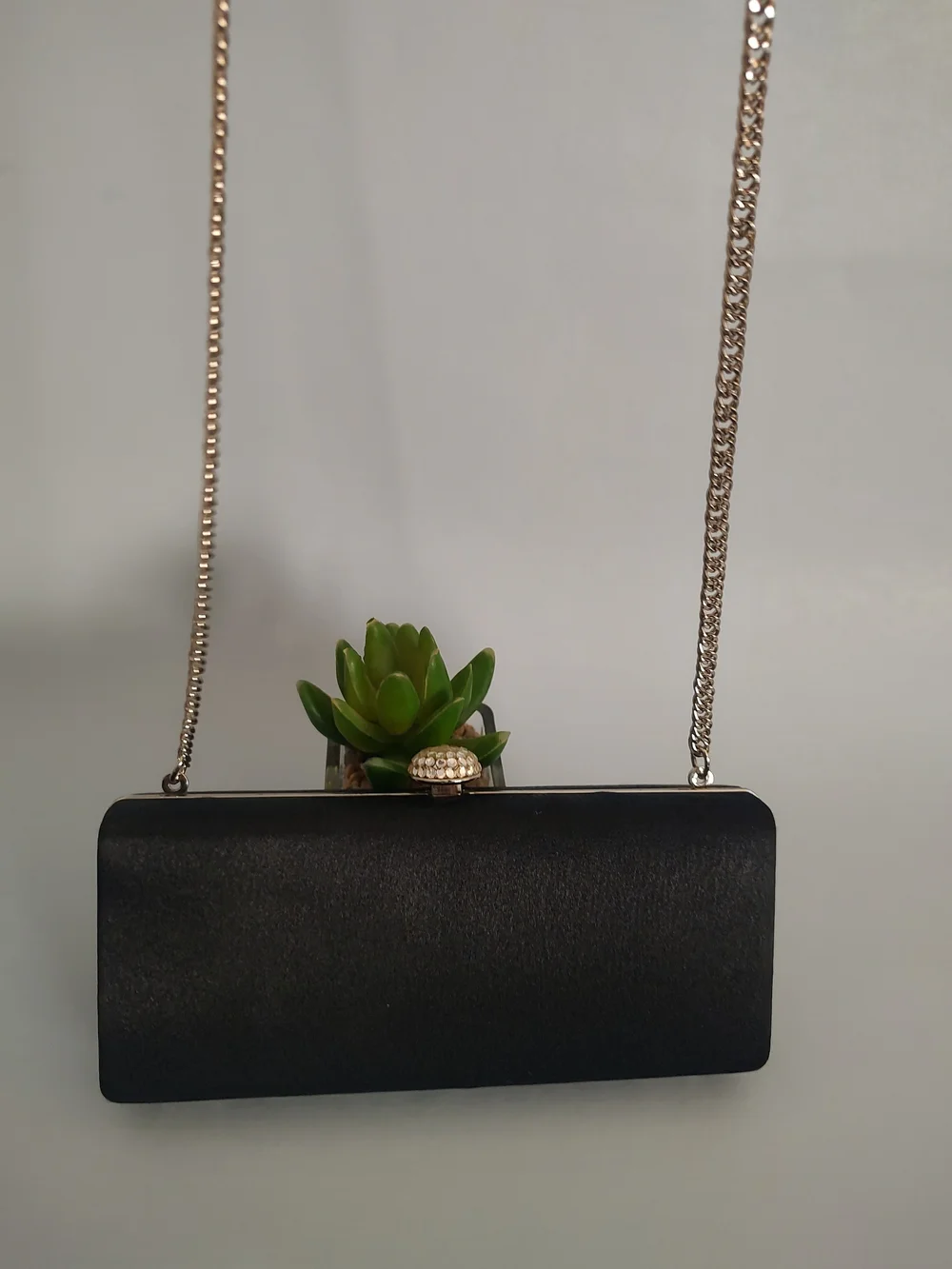 Black Satin Evening Clutch with Jewel Accent